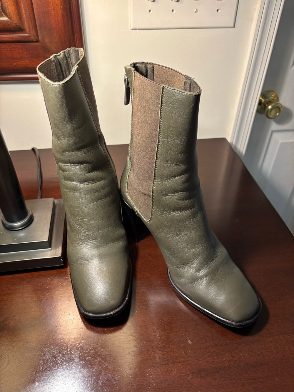 Topshop Olive Green Leather Block Heel Ankle Boots